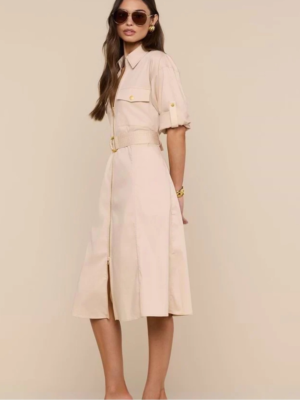 L'AGENCE Beige Utility Shirt Midi Dress with Belt